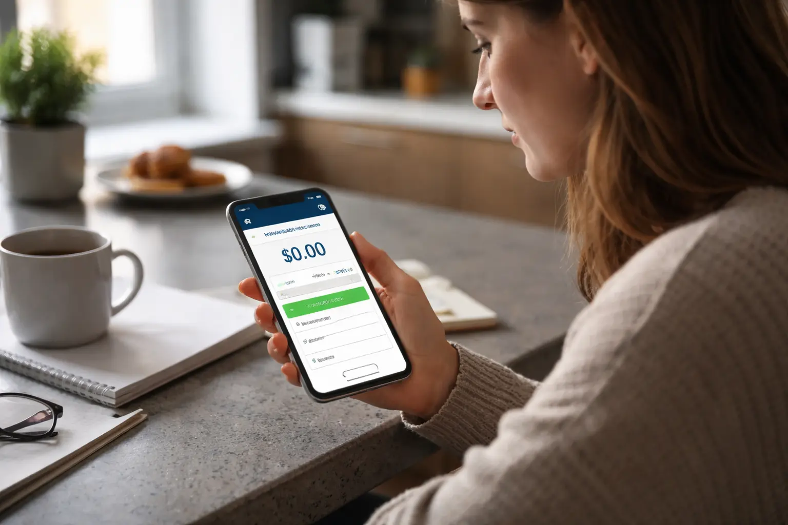 Woman checking bank account showing $0 balance after IRS refund sent but not deposited overnight