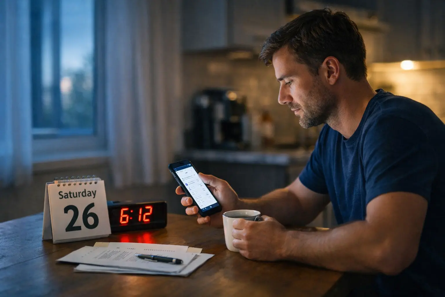 A taxpayer checking IRS refund weekend update status on a smartphone early Saturday morning while waiting for deposit confirmation.