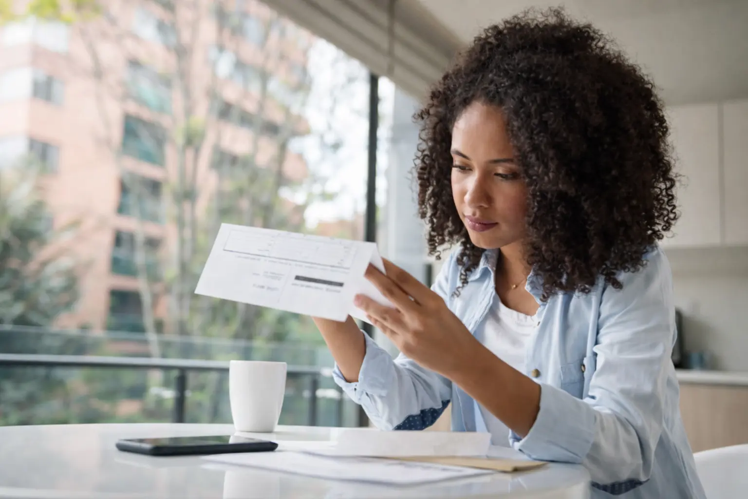 Professional woman reviewing bills at home reflecting mid-year financial anxiety caused by income timing gaps