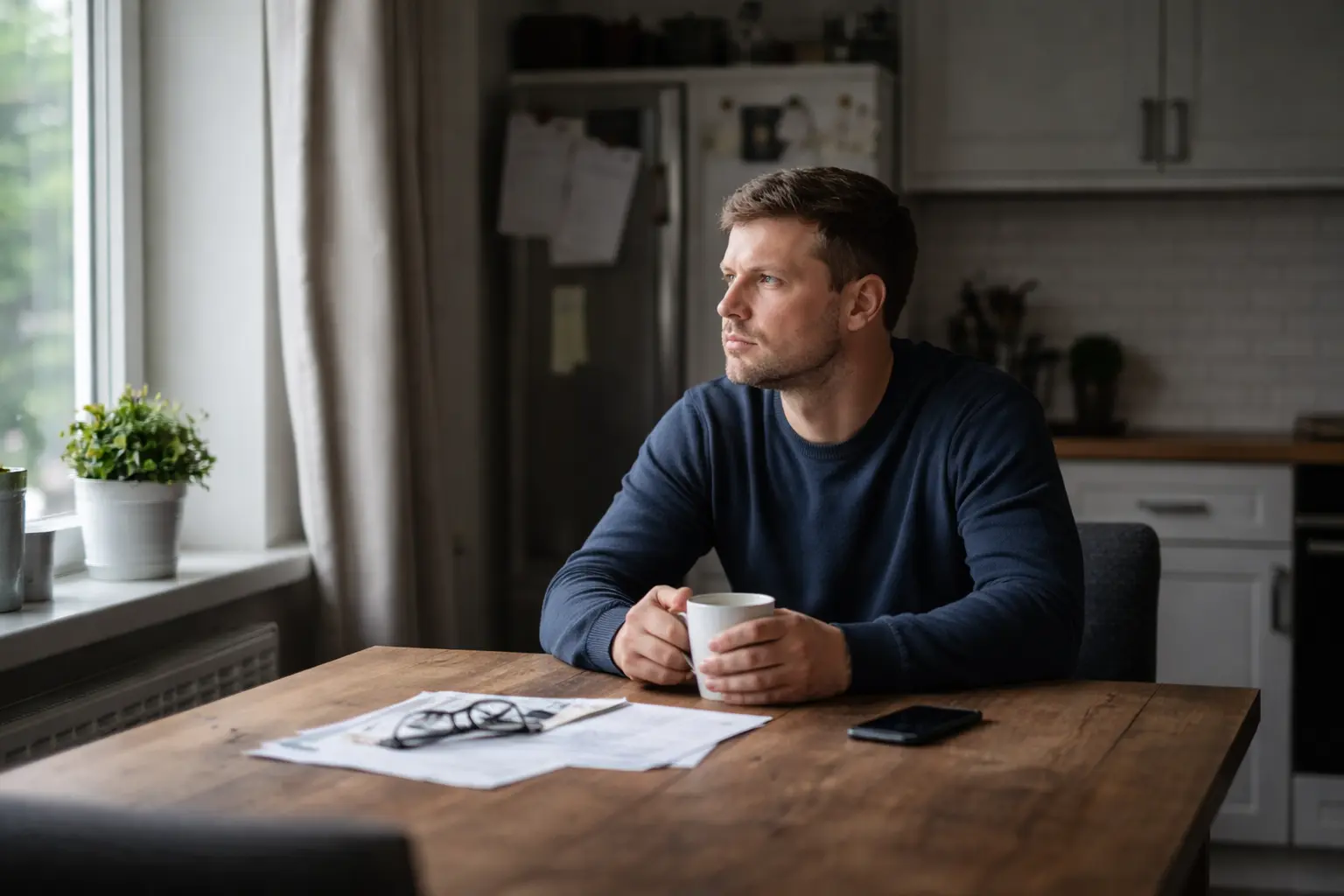 Quiet squeeze reflected in early February as a salaried American professional sits alone, feeling financial pressure despite stable income