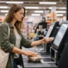 A consumer performing unpaid labor at a self-checkout kiosk, illustrating the Shadow Work Trap