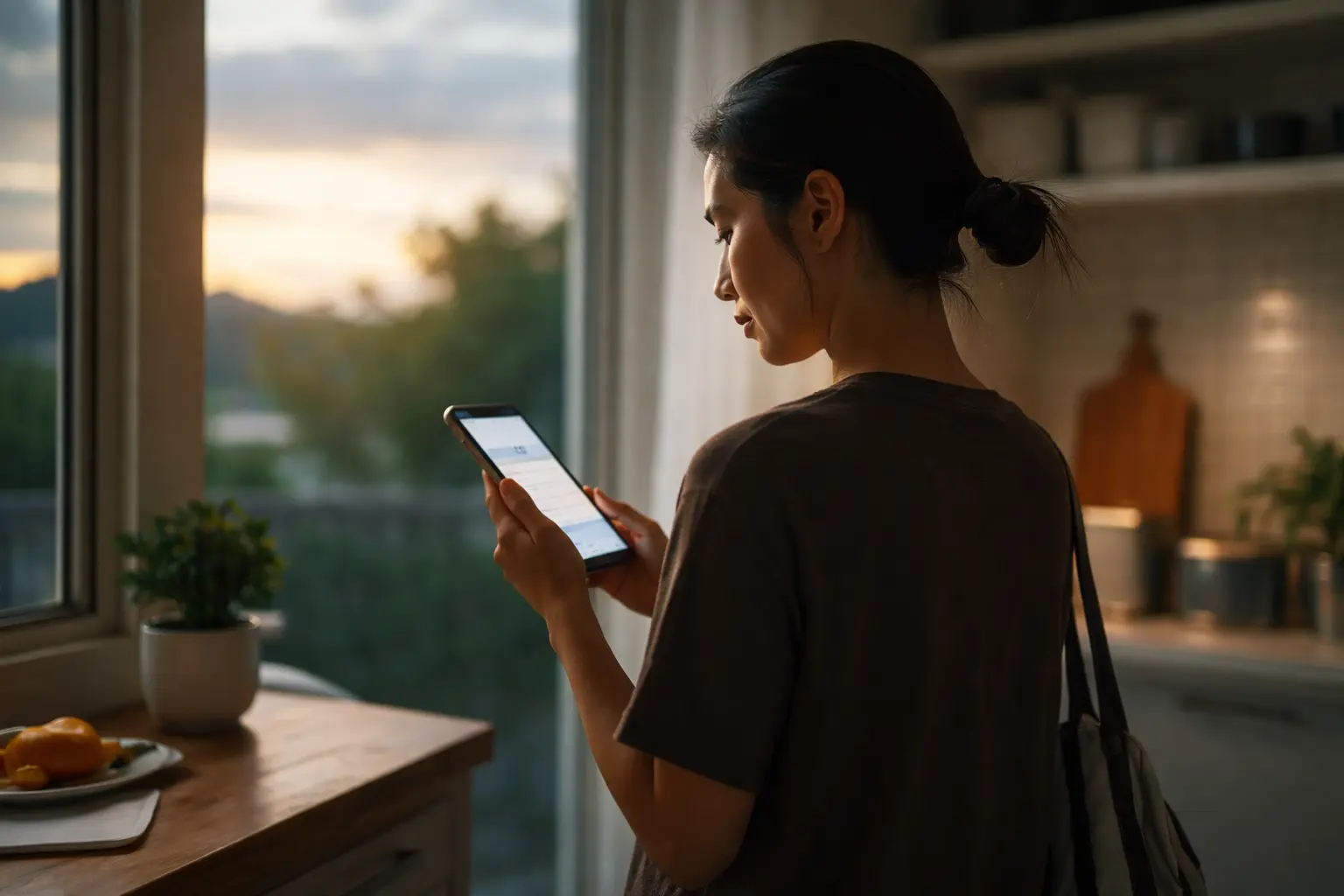 Woman checking bank app at 8 AM as Social Security deposit not showing during morning posting window