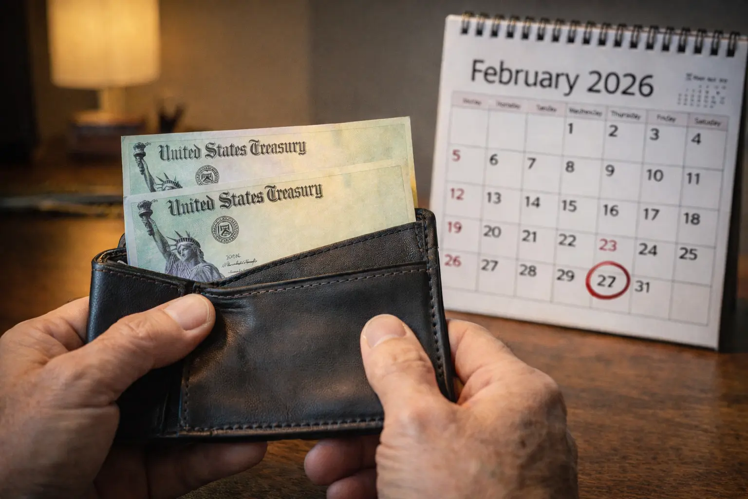 Social Security double payment February 2026 shown with two Treasury checks and February 27 circled on calendar