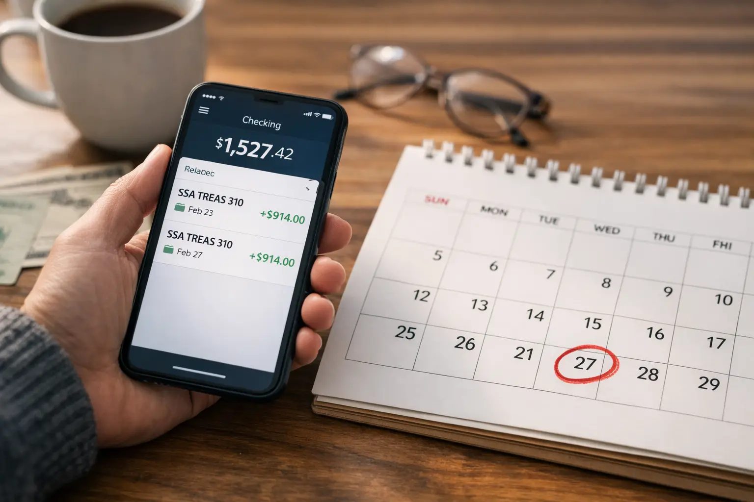 Smartphone showing two federal deposits for Social Security Feb 27 double payment next to calendar with February 27 circled on Friday.