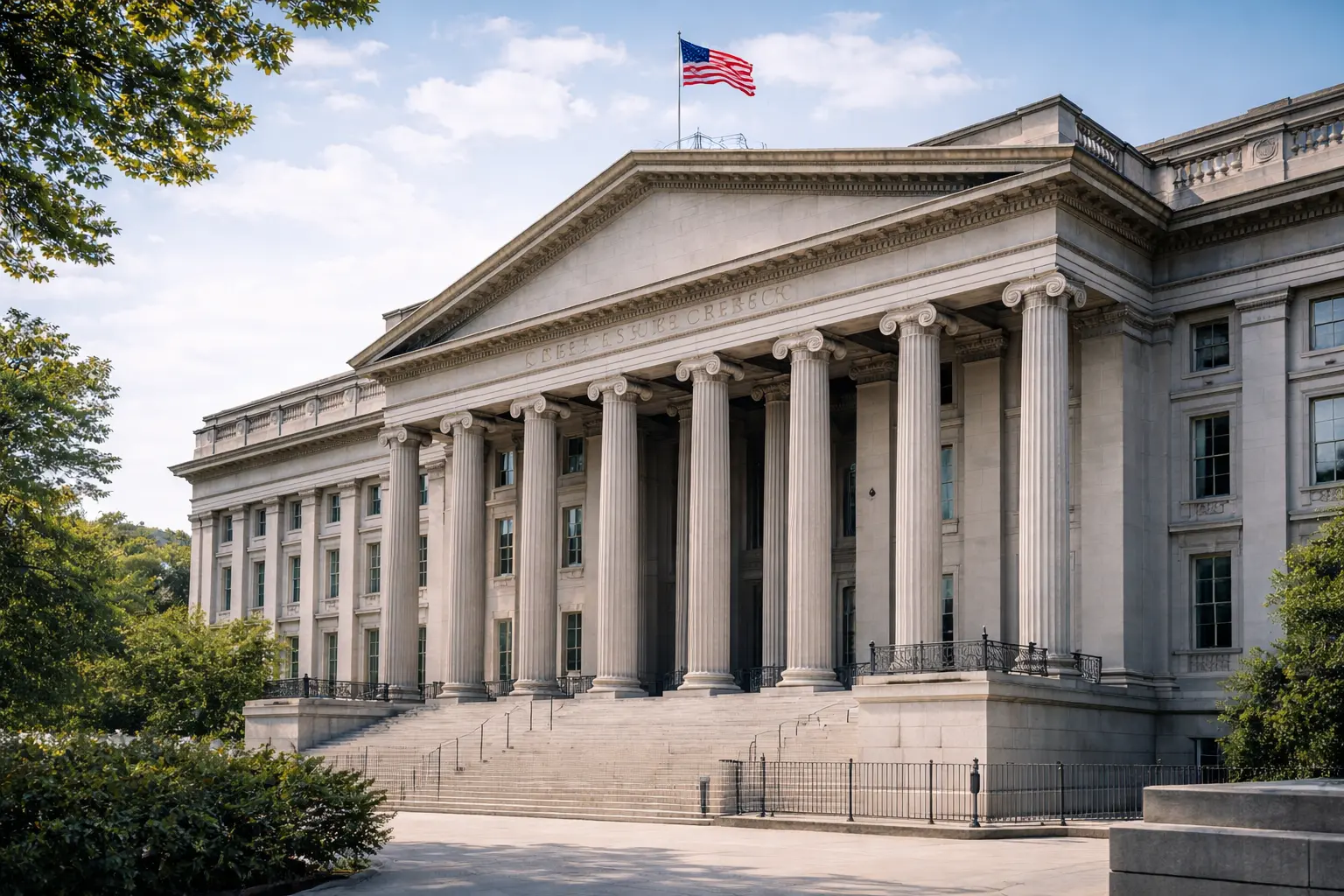 U.S. Treasury building in Washington representing the U.S. money movement system, where federal payments move through settlement and bank posting stages.