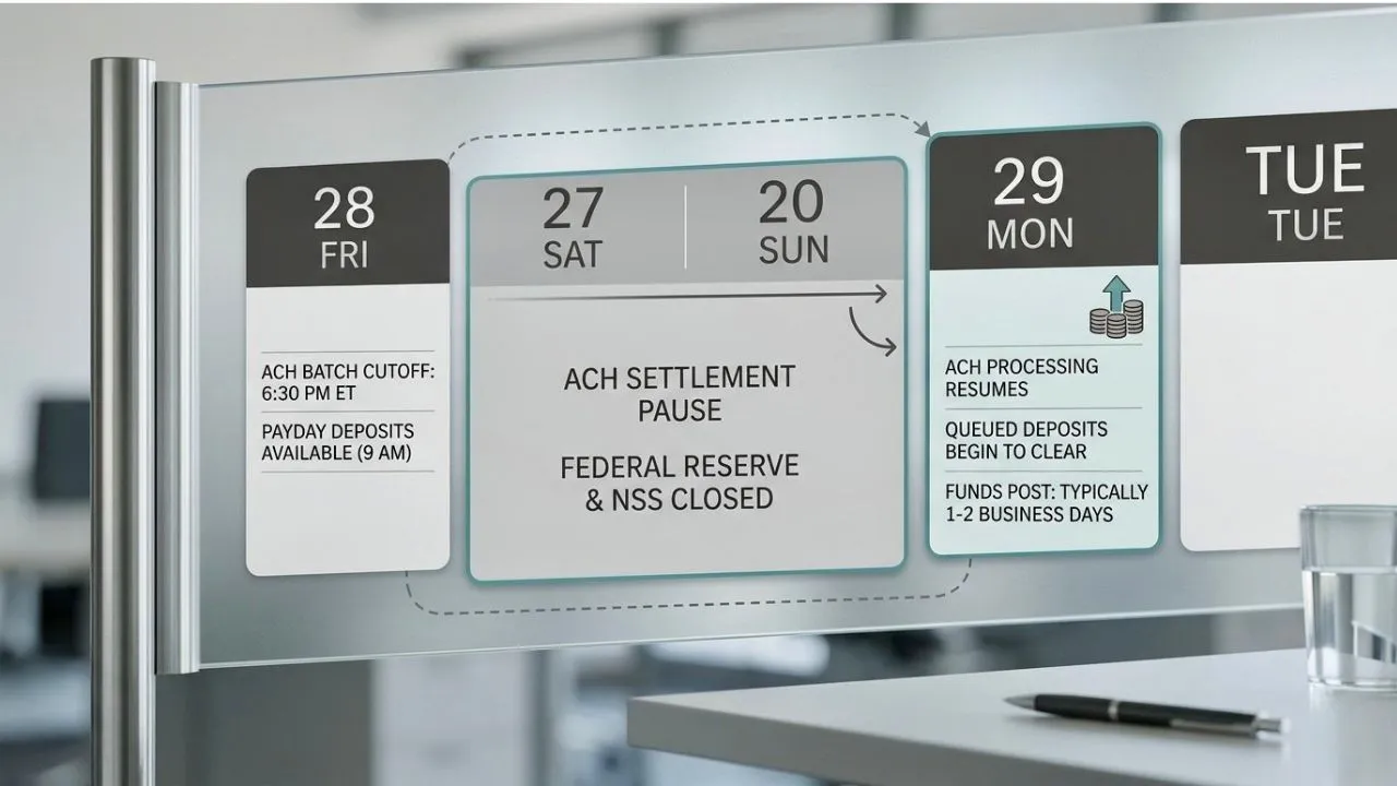 Calendar showing Friday through Monday with federal payment deposit delay gap highlighted before ACH settlement resumes on business day