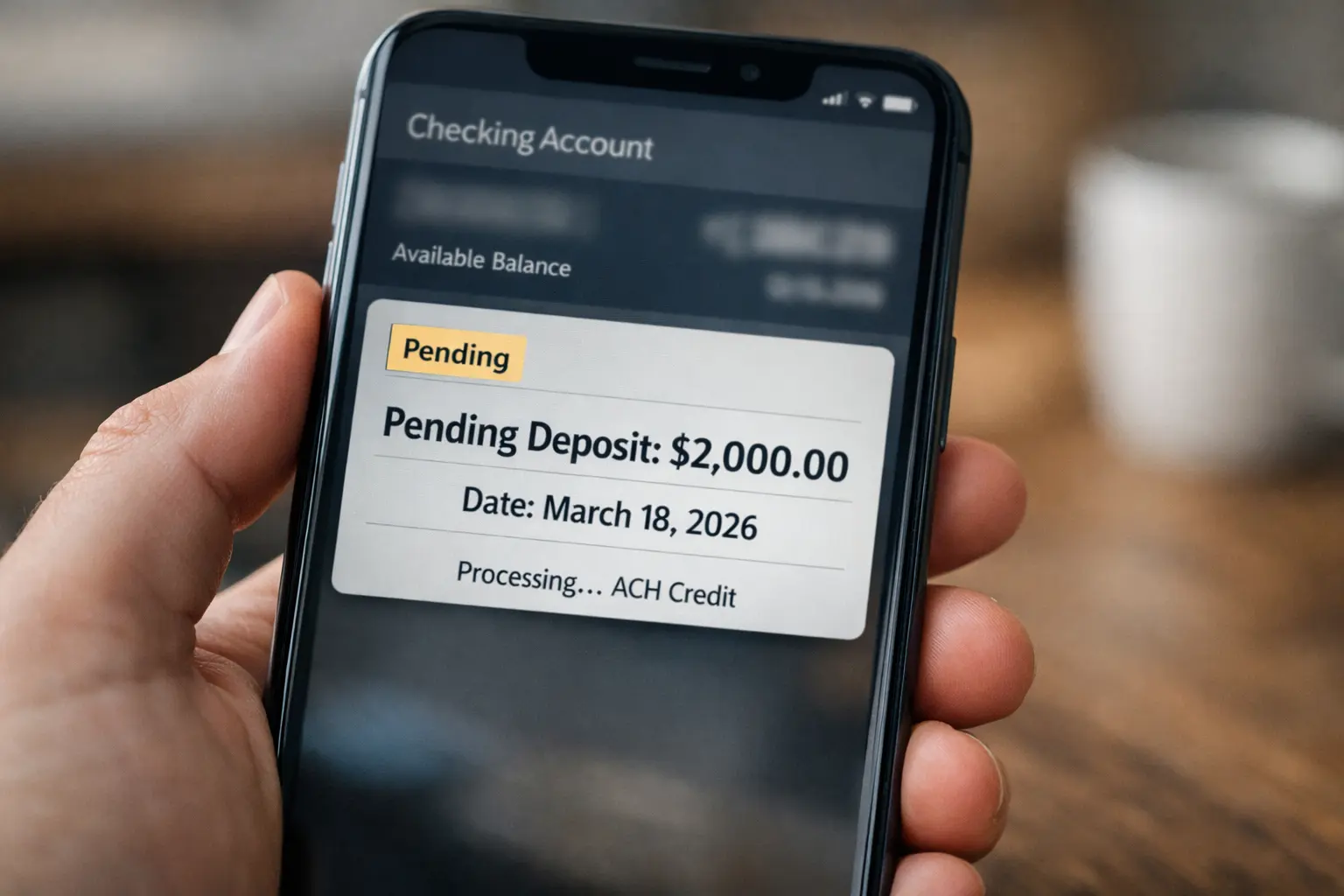 Mobile banking app showing $2000 deposit pending status on March 18 2026