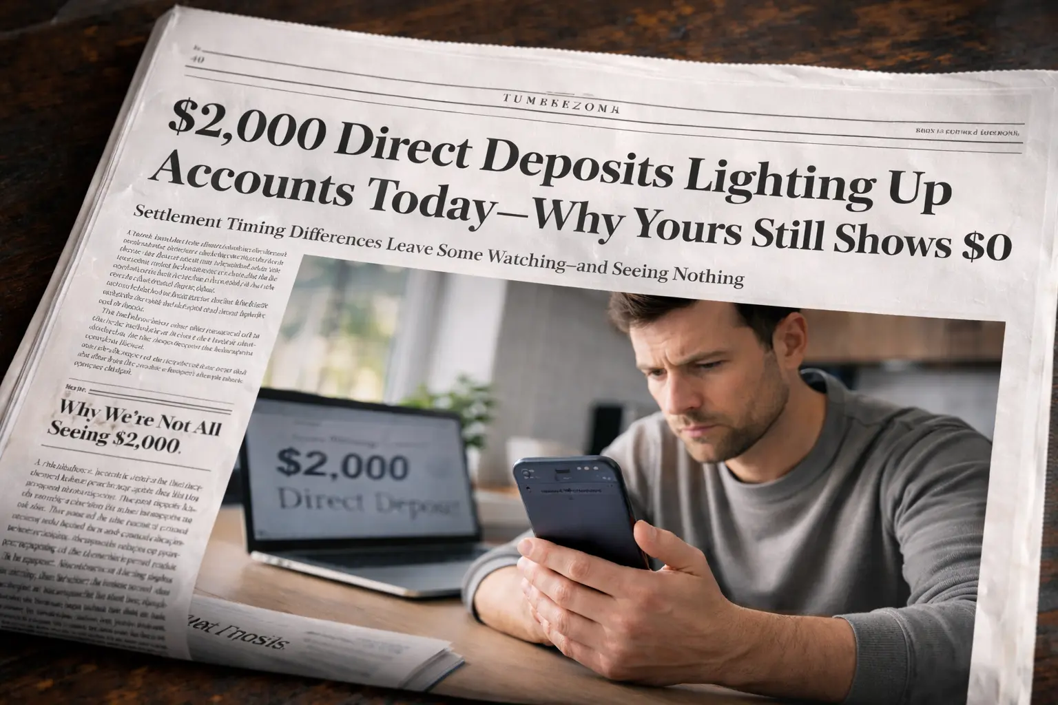 Man checking phone as direct deposit showing today for some accounts while others still wait
