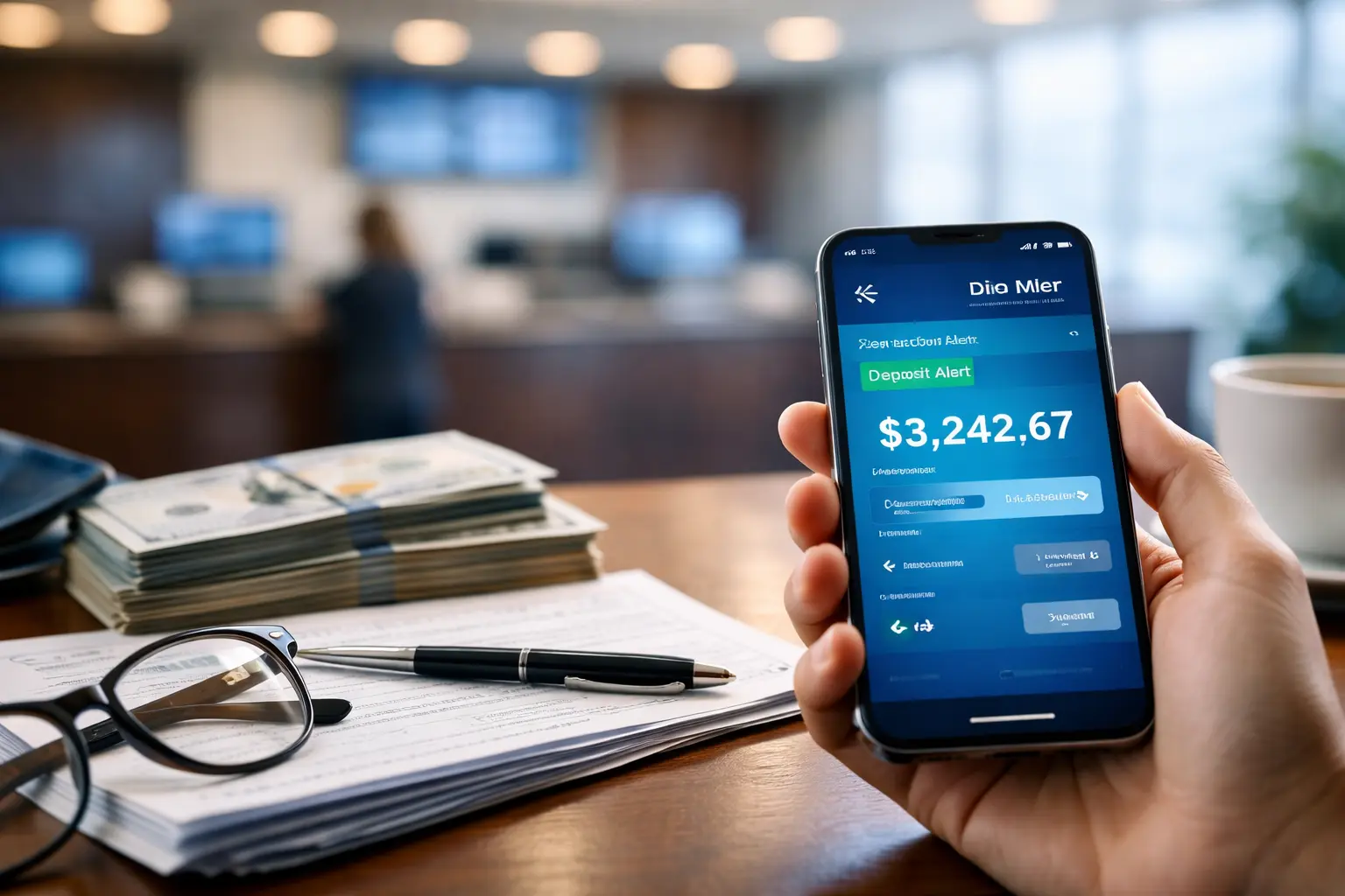 Person checking banking app as bank deposits appearing in waves update accounts