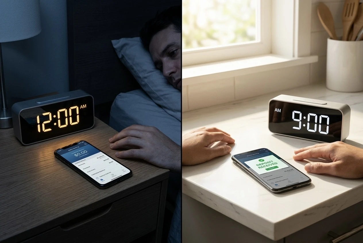 A split-screen showing a dark bedroom at 12:00 AM with a zero bank balance on a smartphone, contrasted with a bright morning at 9:00 AM showing a deposit received notification.