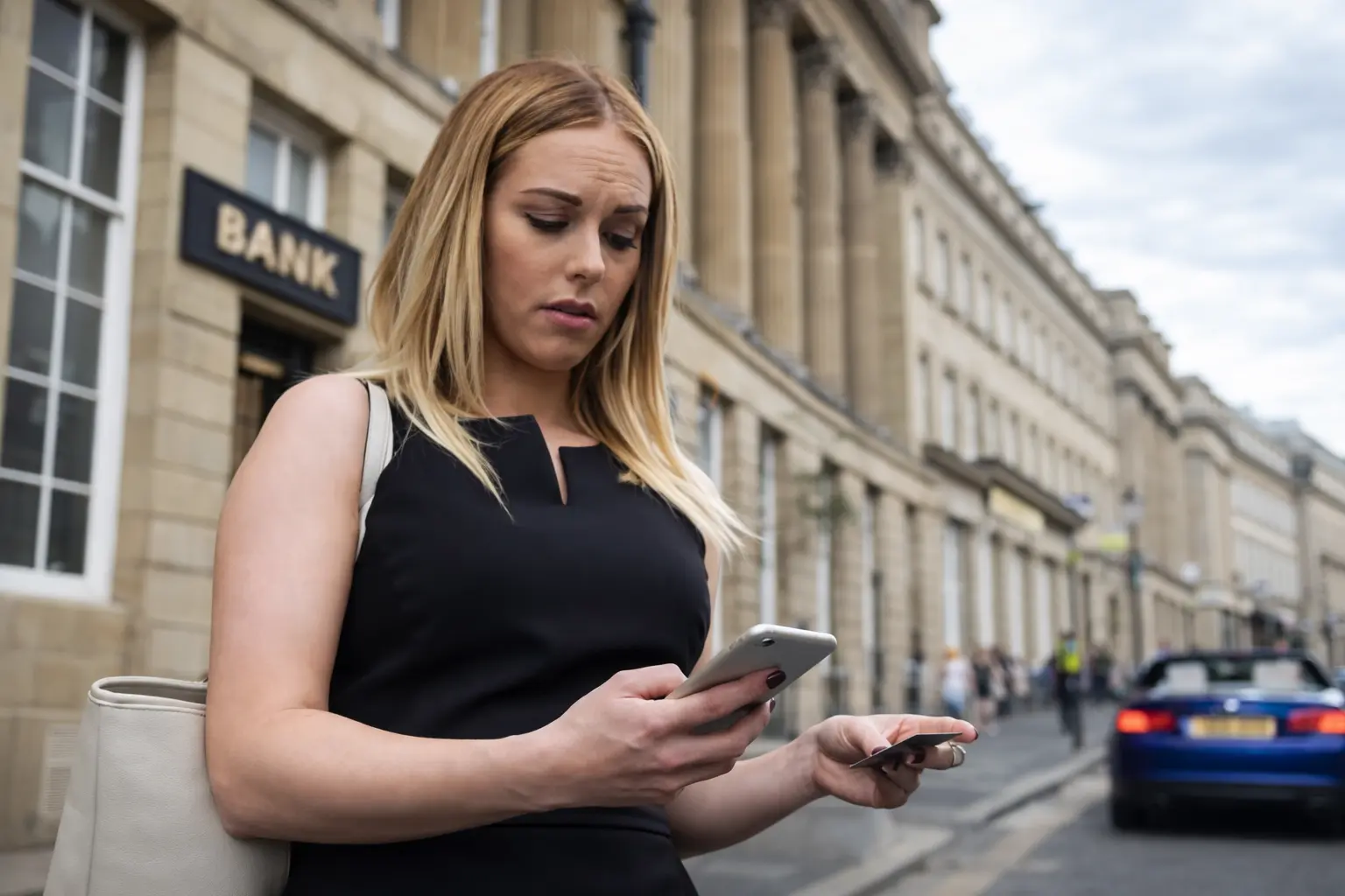 Woman checking banking app after direct deposit not posted today outside bank building