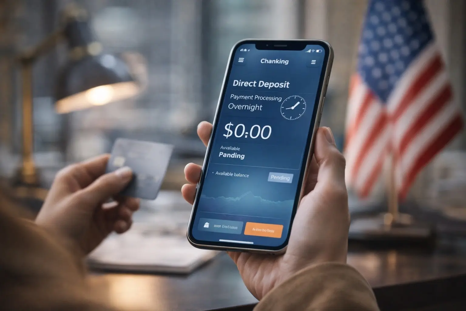 Smartphone banking app showing direct deposit processing overnight with pending balance and $0 available