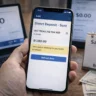 Smartphone showing direct deposit stuck in sent status while bank account balance still shows zero dollars