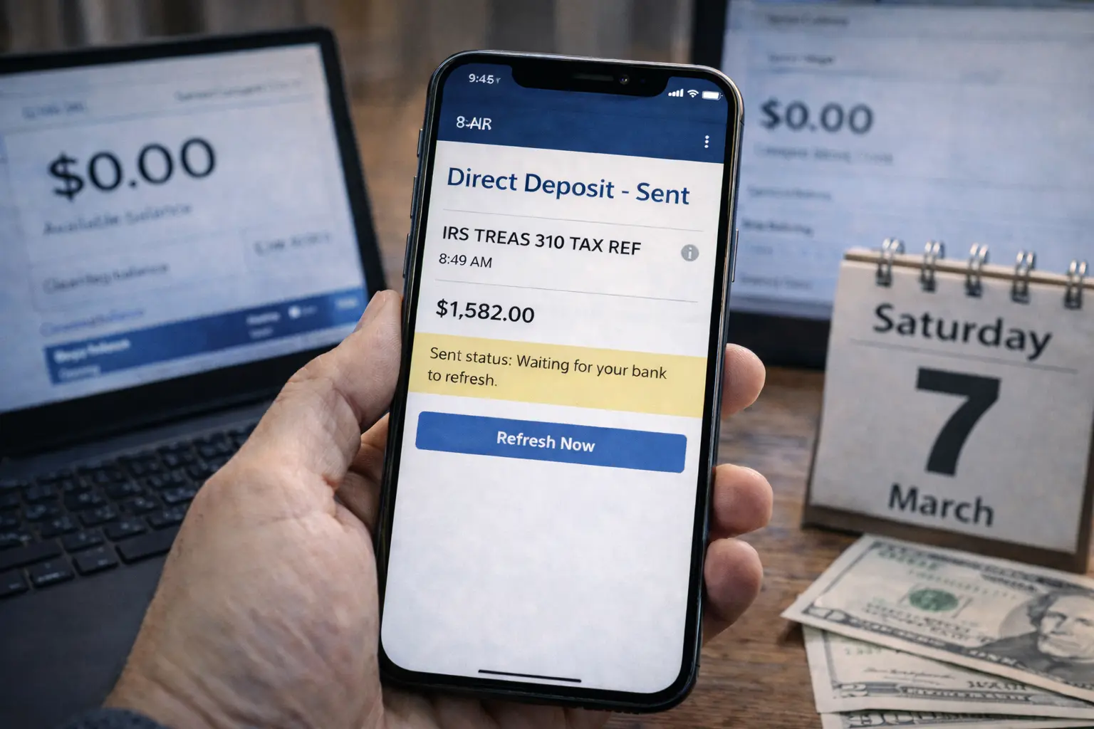 Smartphone showing direct deposit stuck in sent status while bank account balance still shows zero dollars