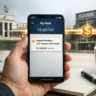 person checking smartphone banking app showing pending federal deposit as treasury payments move through bank settlement system