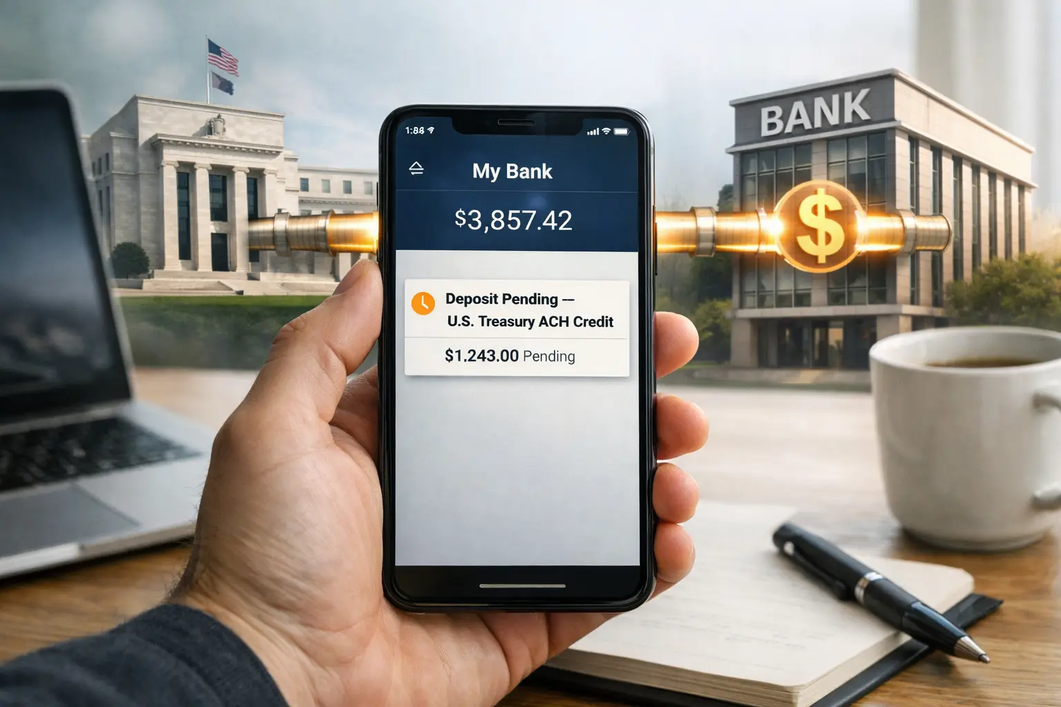 person checking smartphone banking app showing pending federal deposit as treasury payments move through bank settlement system