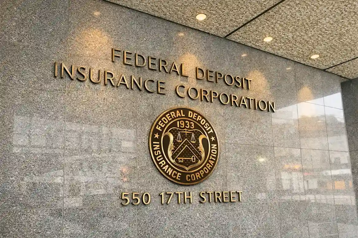 Federal Deposit Insurance Corporation building sign representing federal deposits are delayed today due to bank settlement processing