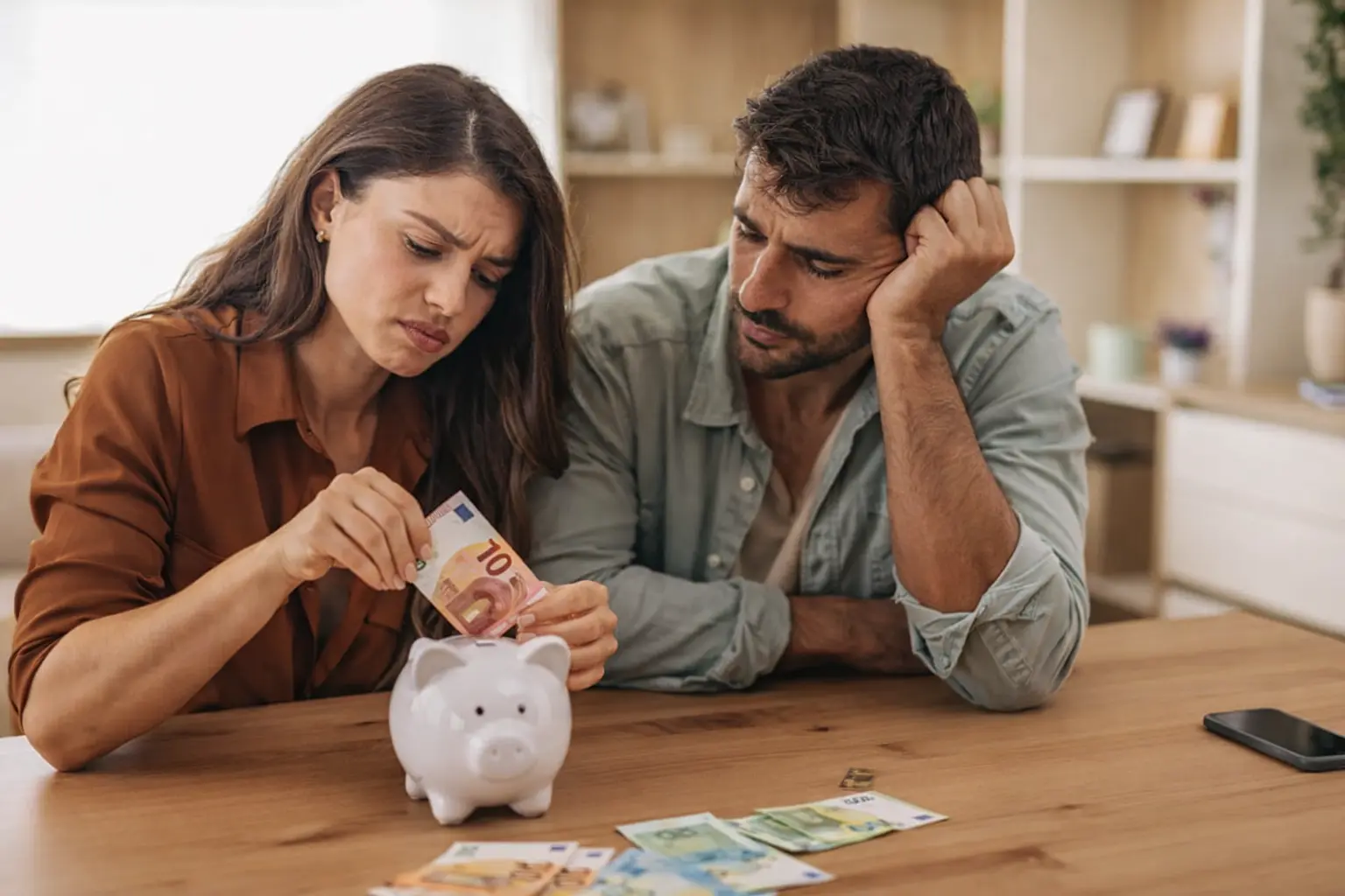 Couple saving cash in a piggy bank while discussing delayed bank deposits under new federal money rules