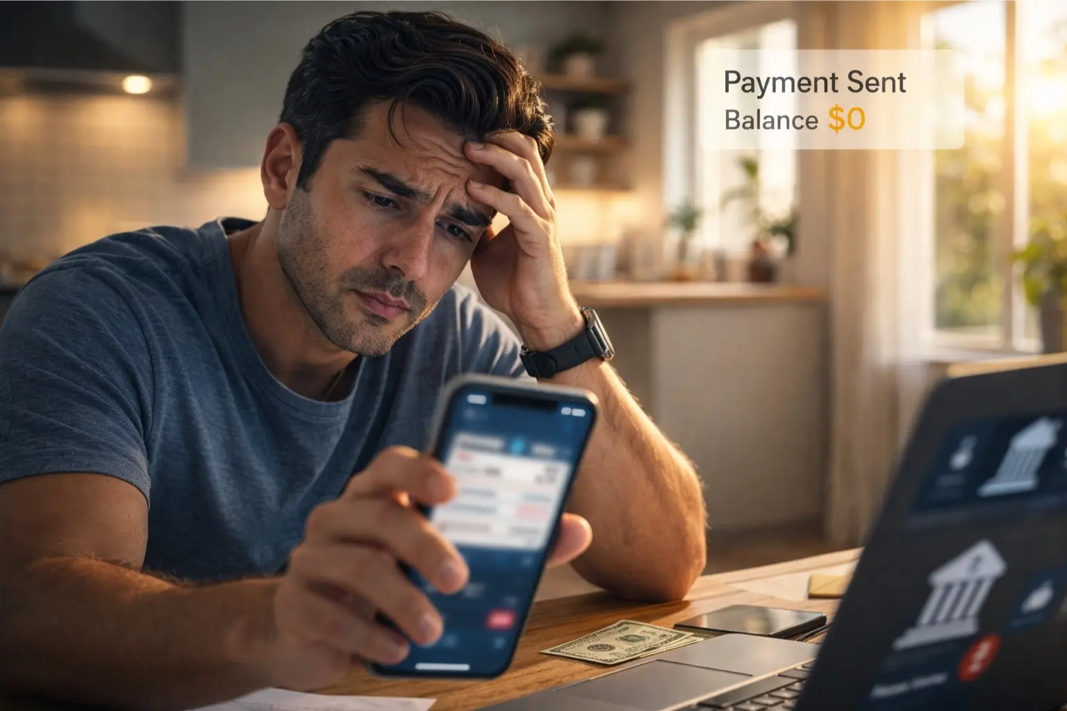 Person checking bank app after federal payment marked sent today but balance still zero