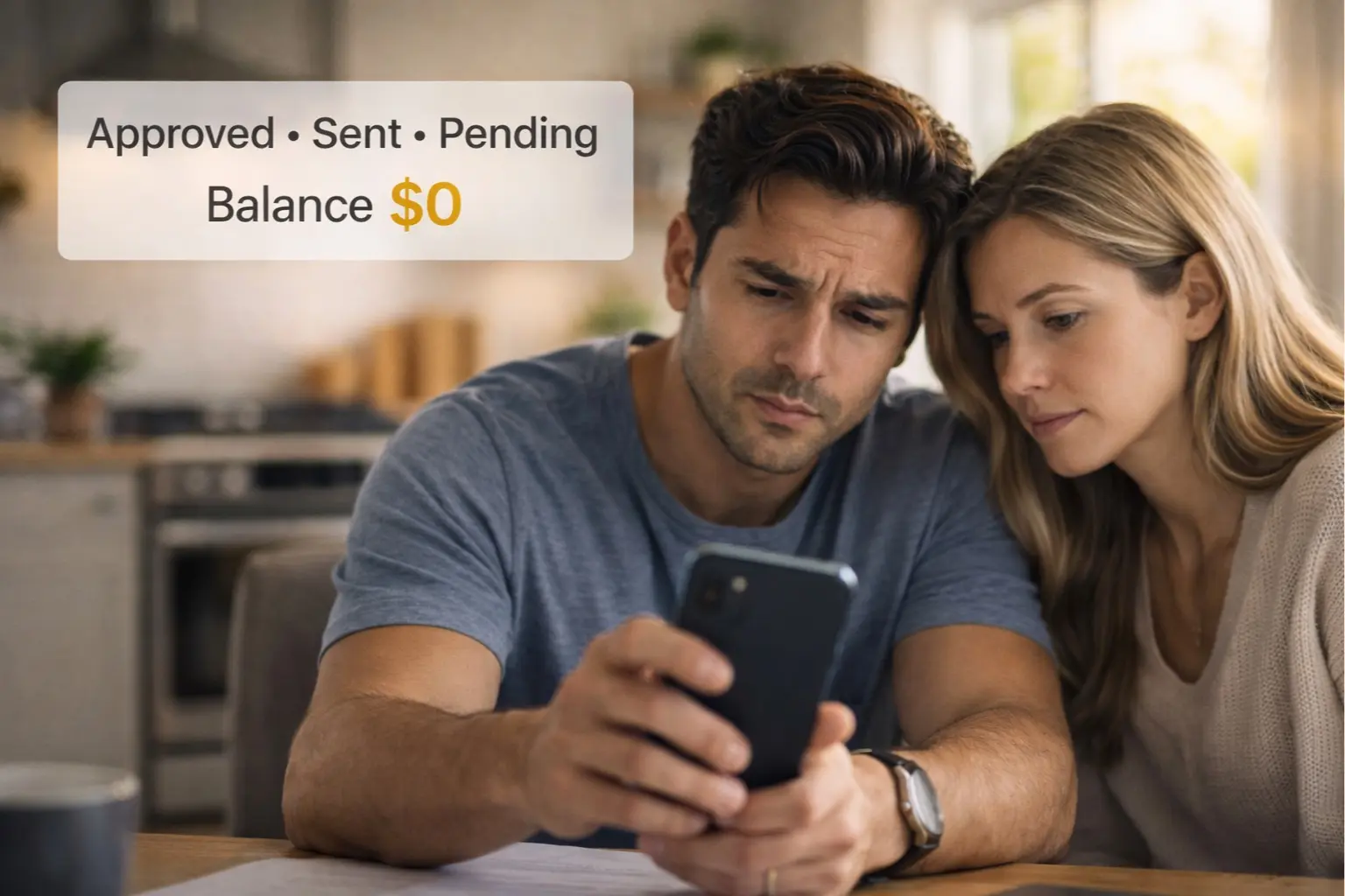 Couple checking phone while federal payment status shows approved sent pending with $0 balance