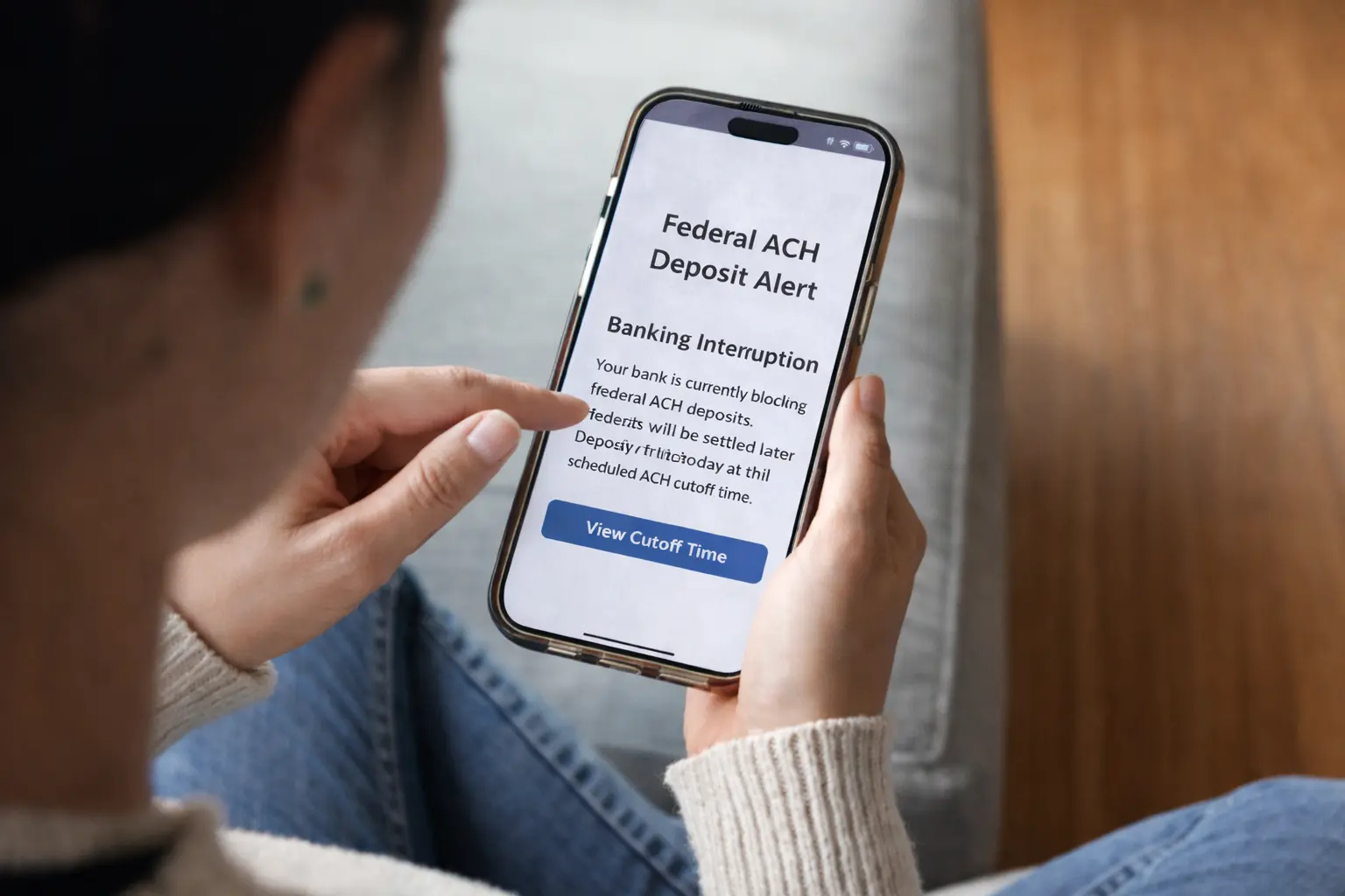Person checking smartphone showing federal ACH deposit information while reviewing federal payments today