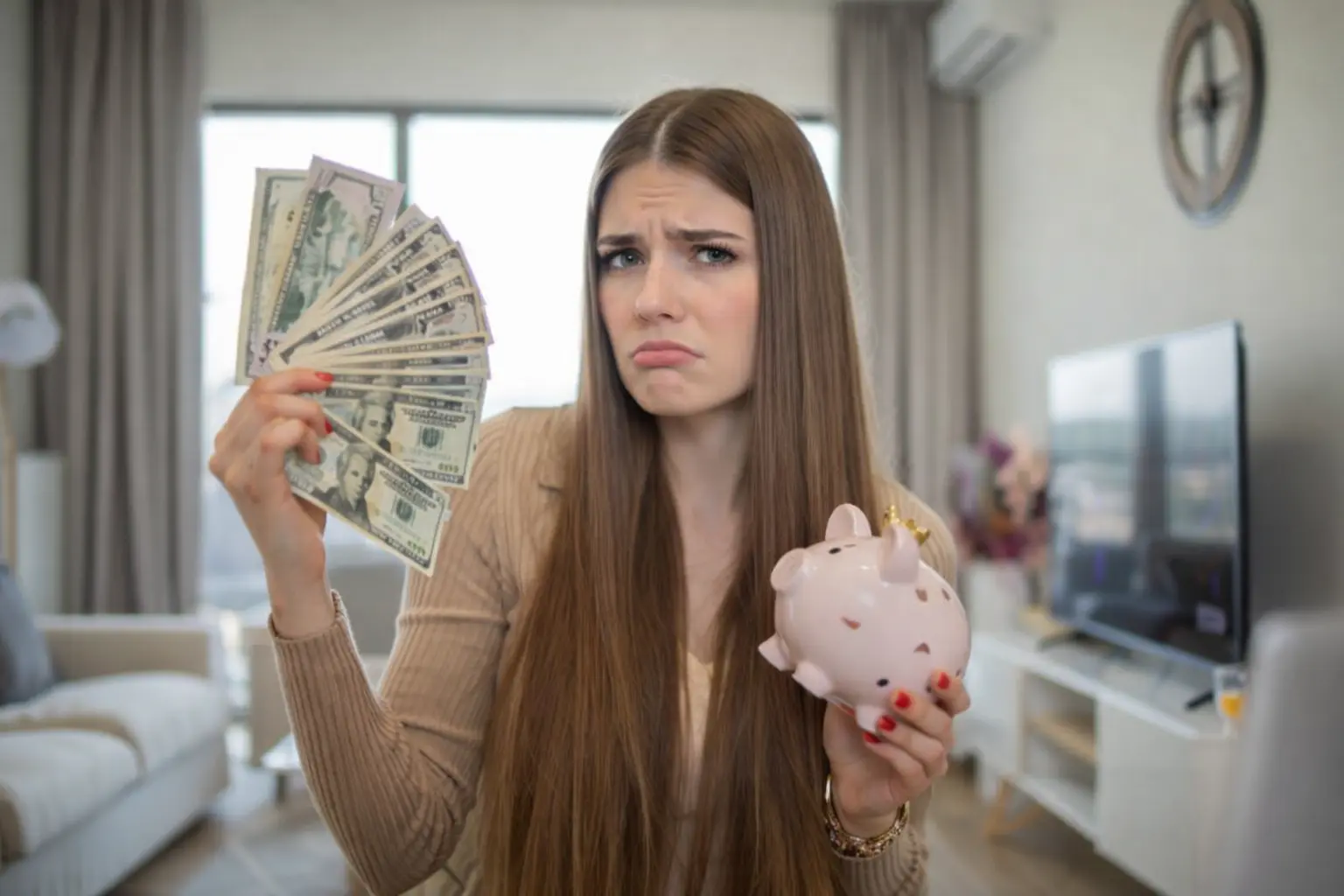 Woman holding U.S. dollar cash and piggy bank reacting to delayed direct deposit while waiting for the final federal cash wave settlement