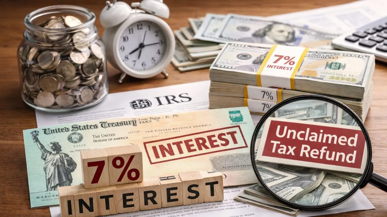 A financial table showing how the IRS 7% interest rate is calculated on delayed tax refunds for 2026.