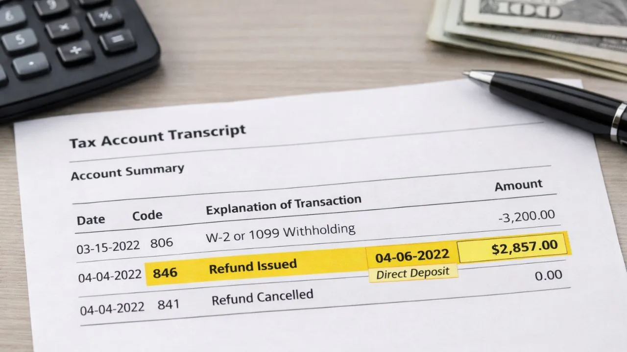 IRS Code 846 shown on tax transcript with refund deposit date highlighted