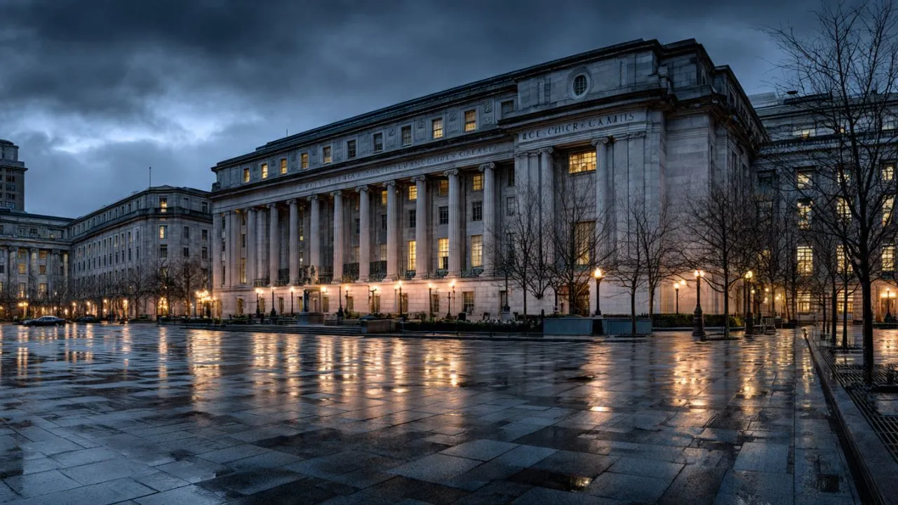 IRS Code 846 refund not showing in bank account as federal building stands empty at pre-dawn on March 20 2026