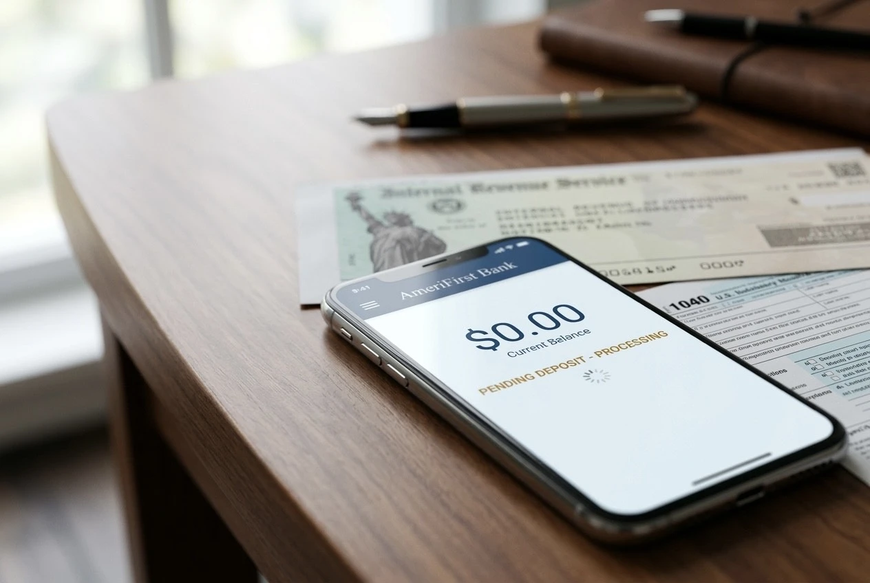 Smartphone displaying a zero balance and pending deposit notification resting on official tax documents, illustrating the settlement delay after IRS Code 846 is issued.