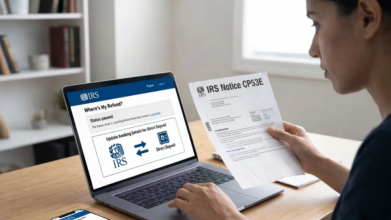Official IRS CP53E notice showing a direct deposit hard freeze for unclaimed 2022 tax refunds with April 15 deadline.
