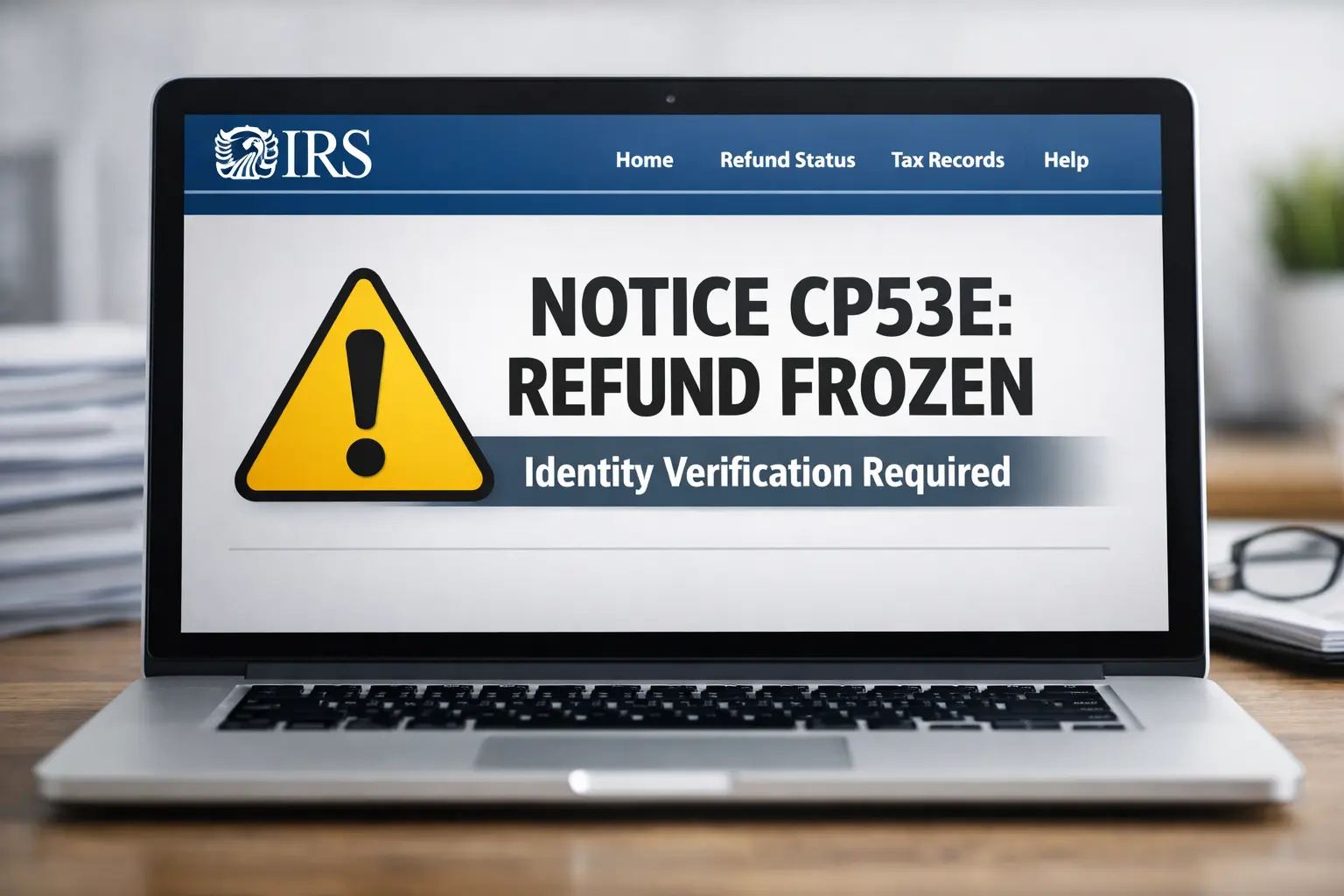 Official IRS CP53E notice warning on digital screen for frozen tax refund today March 18 2026 showing identity verification required