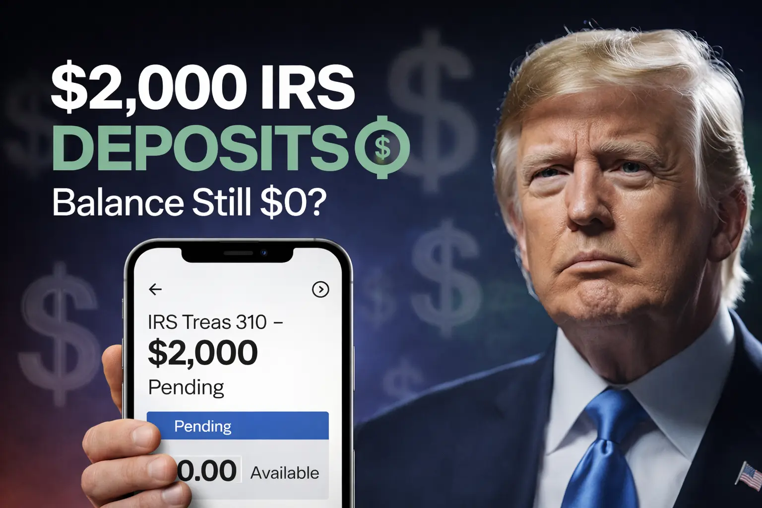 A person holding a smartphone showing a mobile banking app with a $0.00 balance while checking for IRS deposits hitting now.