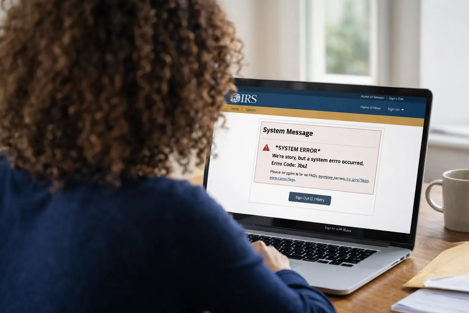A laptop screen showing the IRS Error Code 8028 message with a person looking frustrated while trying to log in.