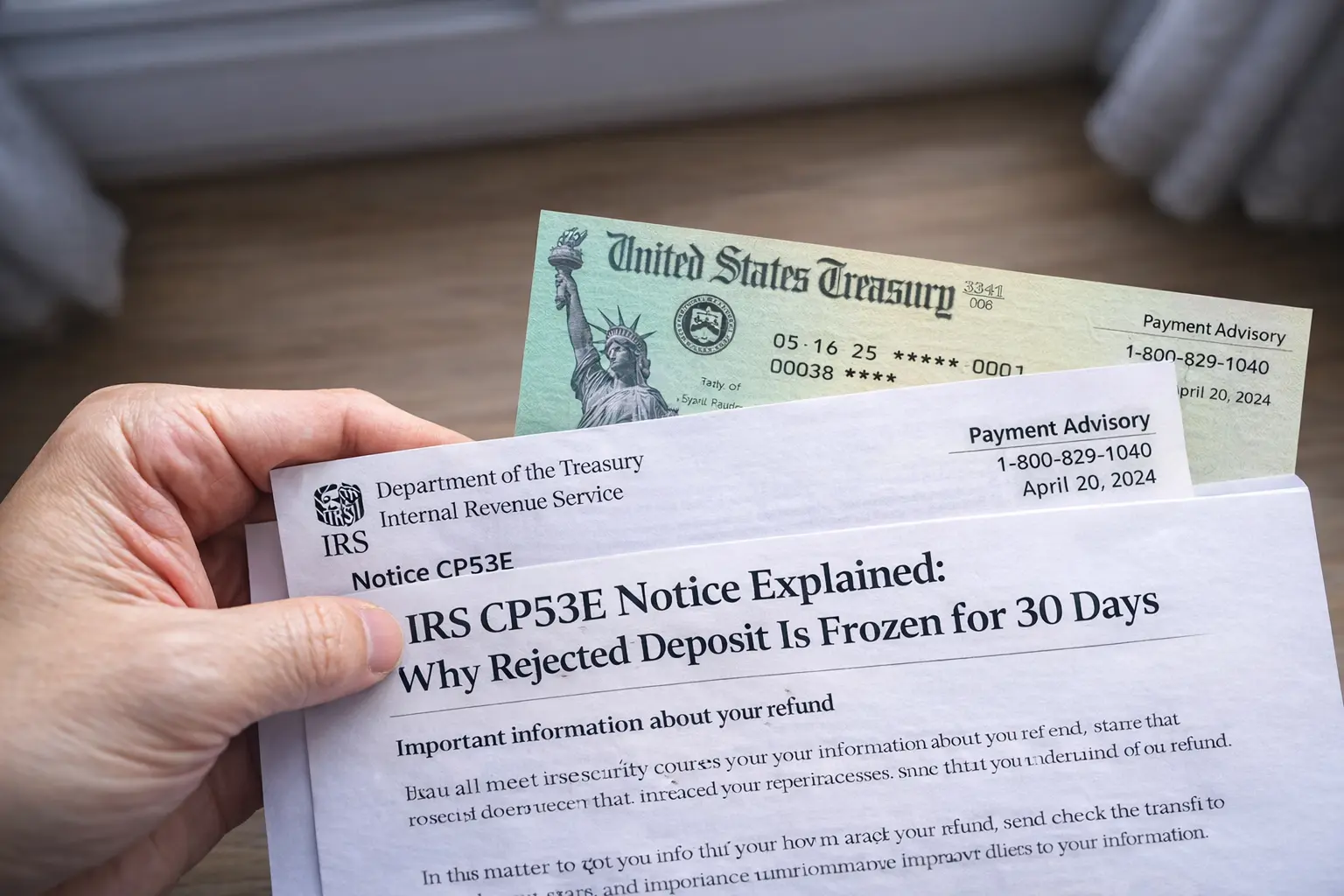A formal IRS CP53E notice resting on a desk next to a smartphone, highlighting the 30-day freeze on tax refunds due to rejected direct deposits.