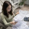 Woman checking IRS refund documents while bank balance still shows zero