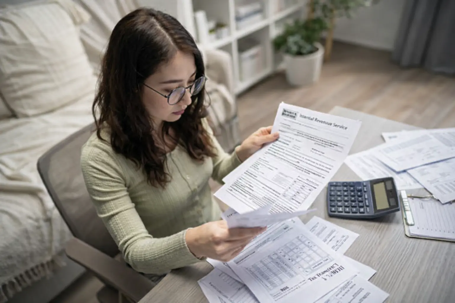 Woman checking IRS refund documents while bank balance still shows zero