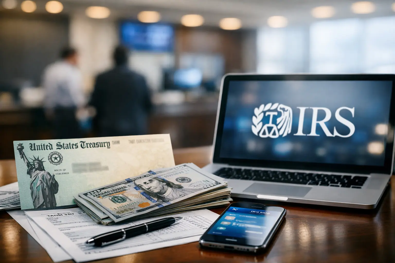 Person checking bank account on smartphone after IRS refund approved but no deposit visible yet