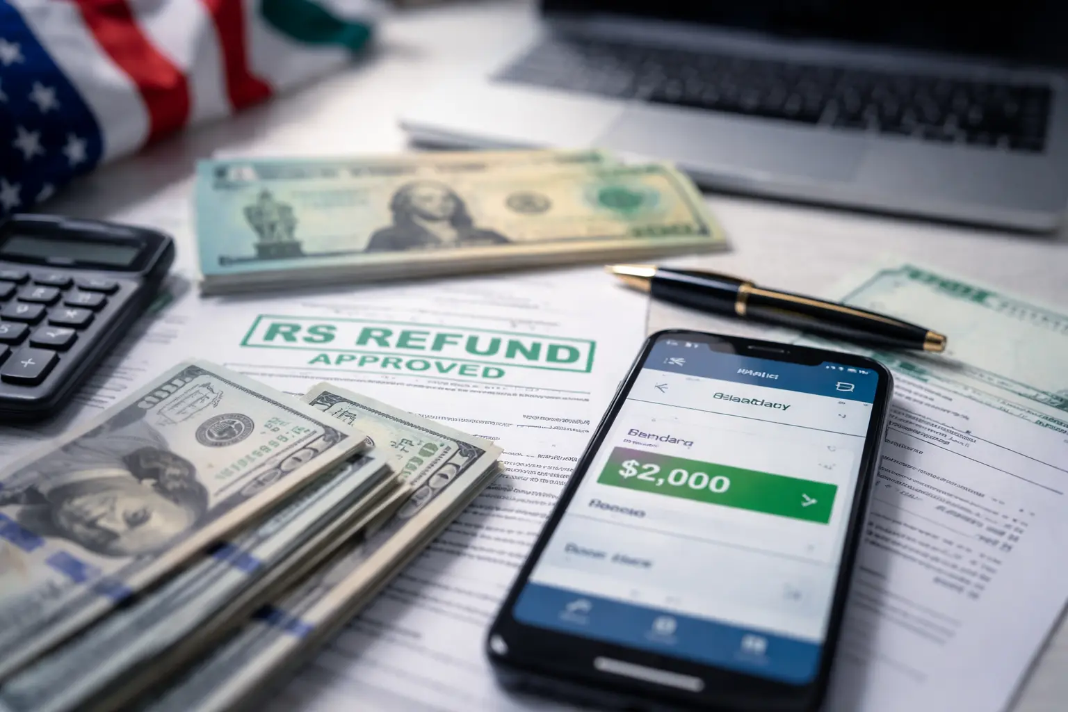 A smartphone showing a $2,000 IRS refund with no available balance next to documents and cash on a desk