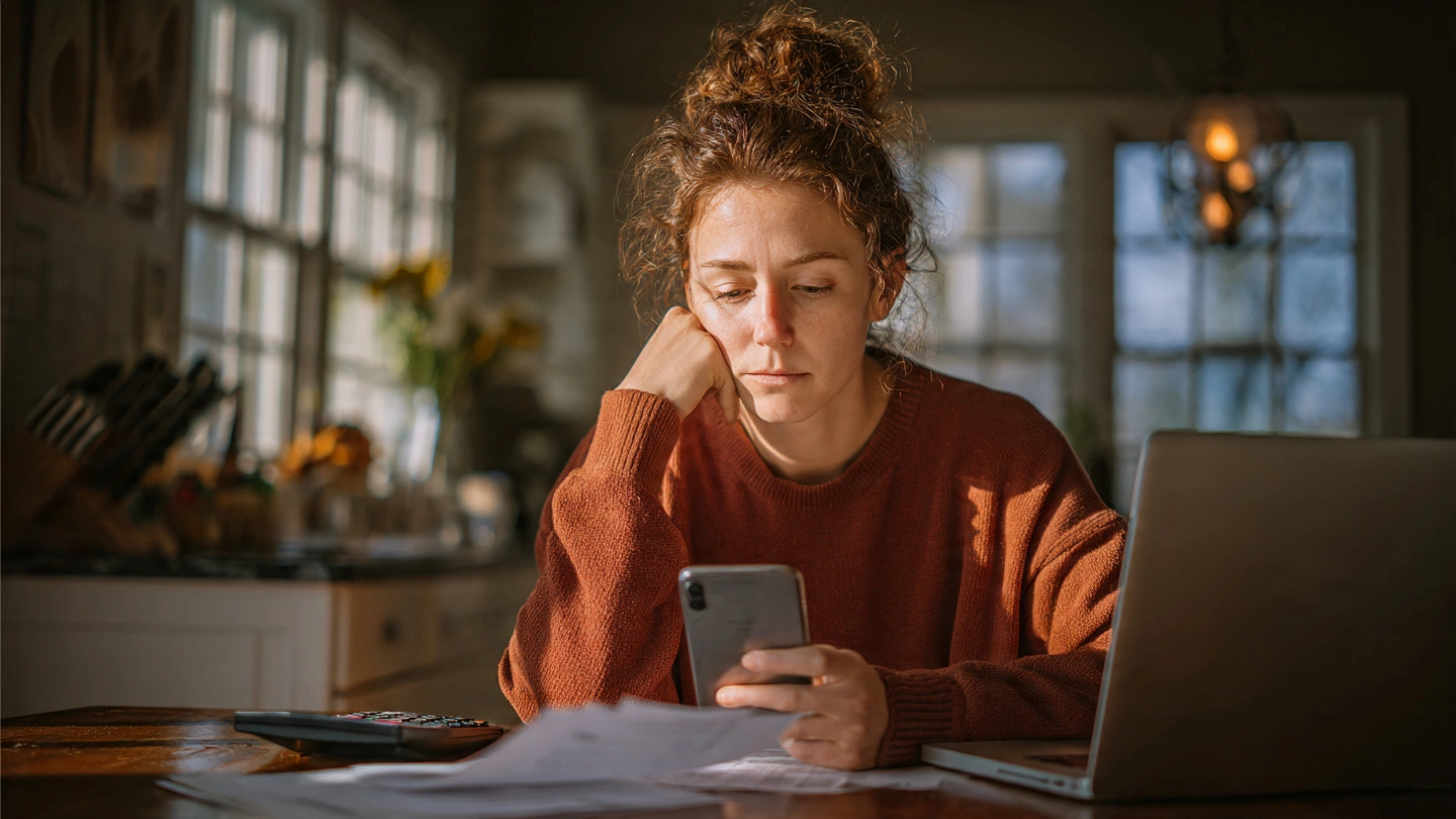Woman checking phone after IRS refund delay notice during tax season