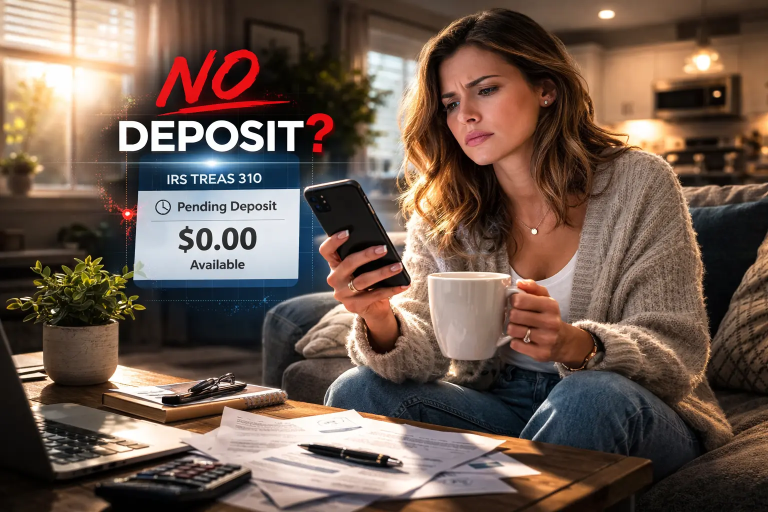 A worried person looking at a smartphone screen showing a zero bank balance for an expected $2,000 IRS refund not showing today.