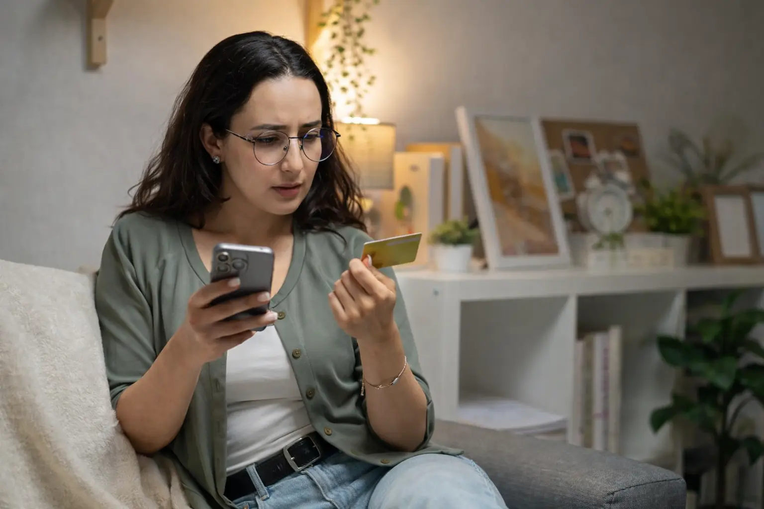 Woman checking phone and bank card after IRS sent refund but no deposit