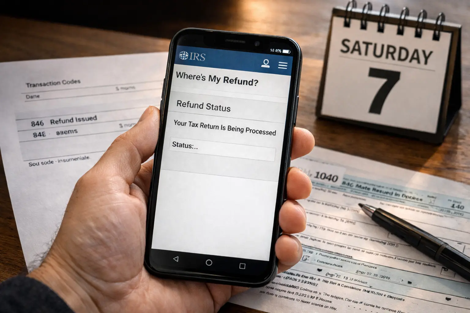 Smartphone showing IRS Where’s My Refund page with missing status bar as taxpayer checks refund tracker Saturday morning