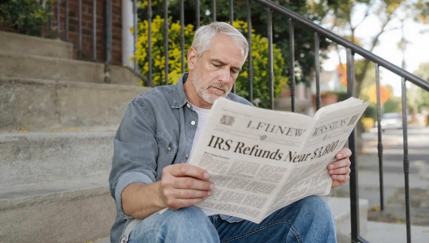 Man reading newspaper headline about IRS tax refunds near $3800 during tax season