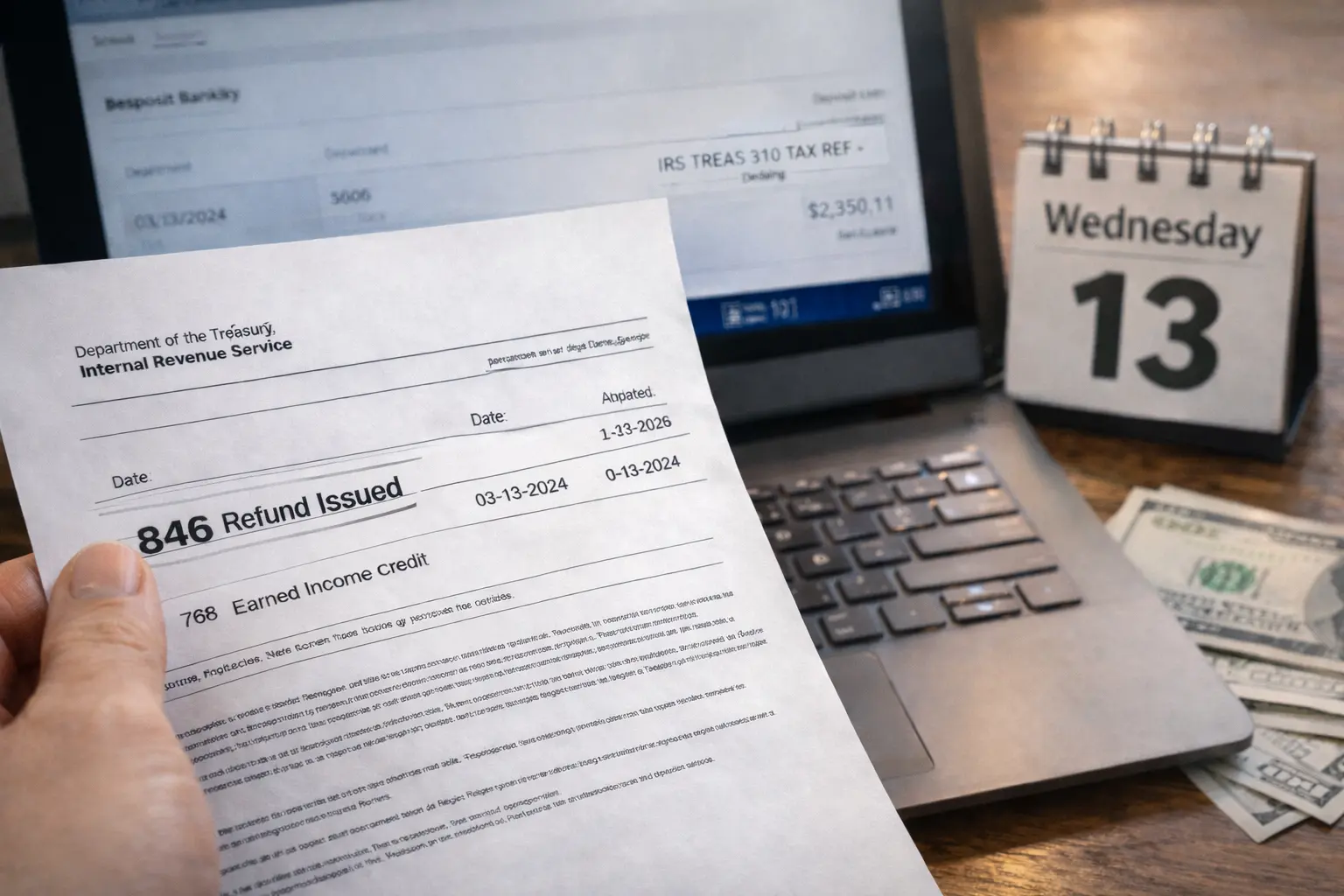 IRS transcript update March 7 showing transaction code 846 refund issued while a laptop screen displays IRS TREAS 310 tax refund deposit