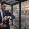 Man checking phone at transit stop while waiting as next deposit wave clears today through bank processing window