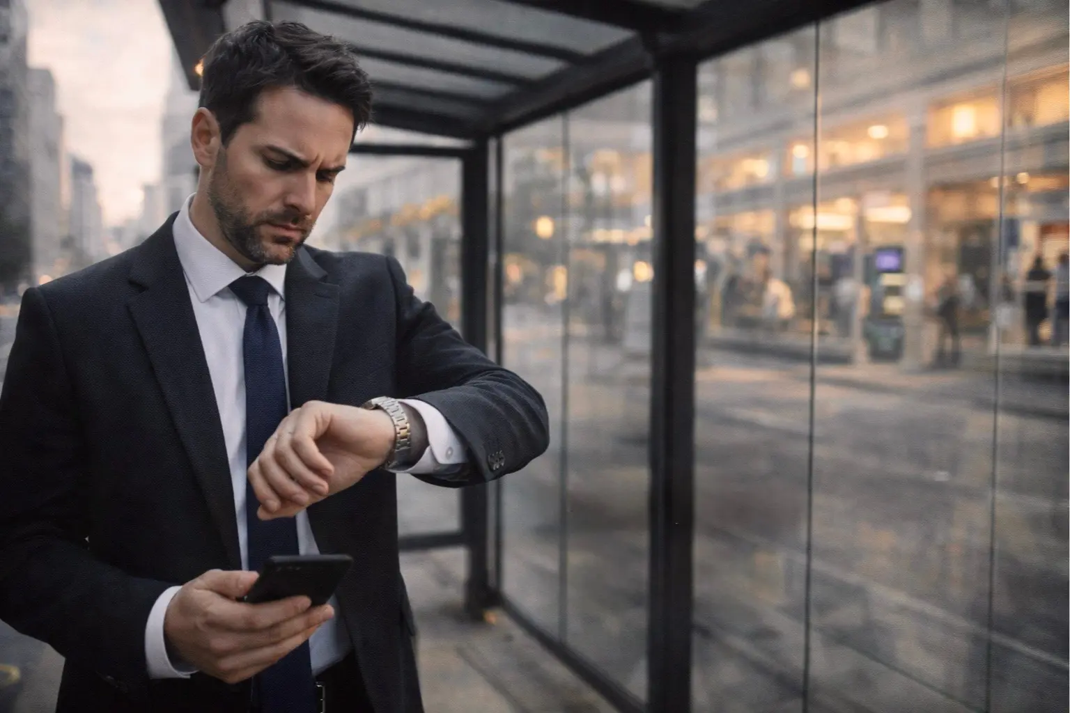 Man checking phone at transit stop while waiting as next deposit wave clears today through bank processing window