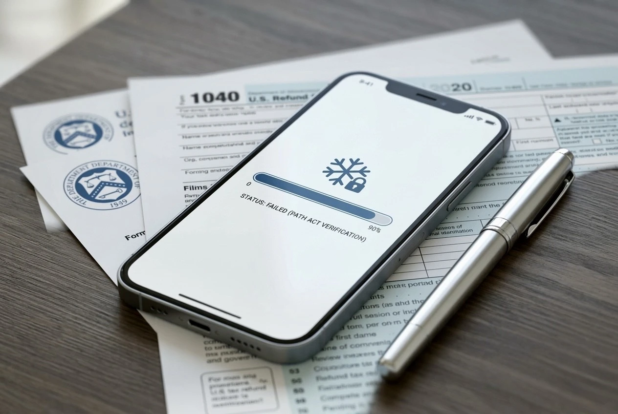 A high-resolution photo of a smartphone showing a "Verification Frozen" status bar next to a silver pen and official tax documents, representing the 48-hour PATH Act hard freeze.