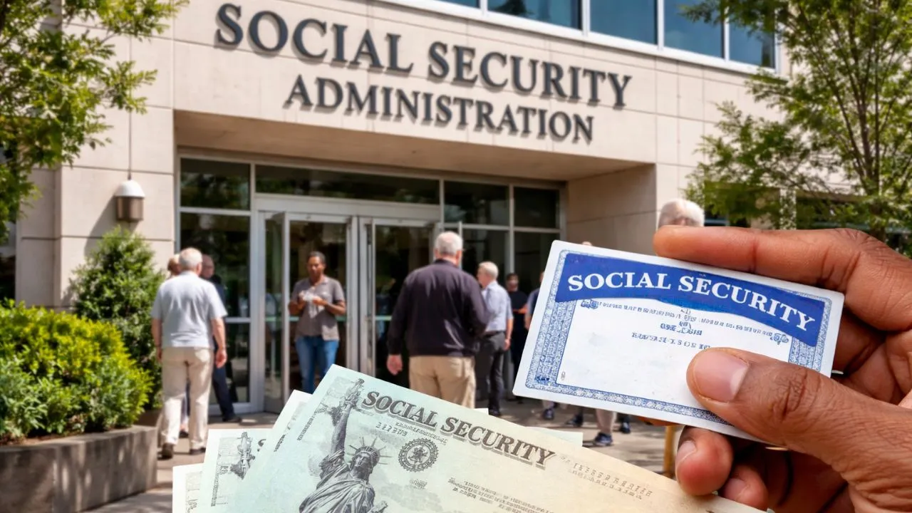 People holding Social Security cards and checks outside SSA office