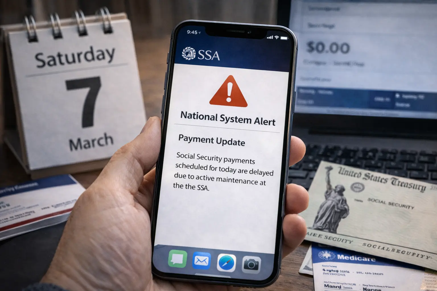 Person checking smartphone showing SSA national system alert as Social Security payment is missing on March 7
